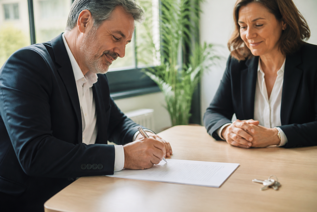 Deux professionnels signant document bureau avec clés argent