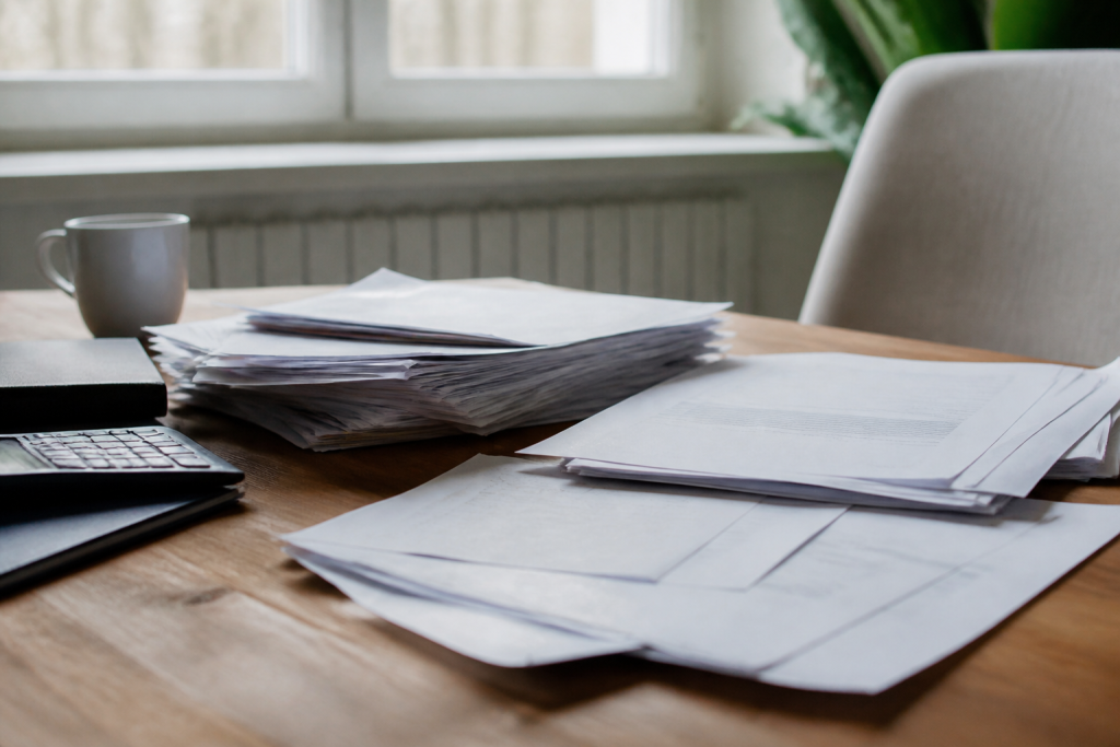 Formulaires administratifs et documents financiers sur bureau professionnel