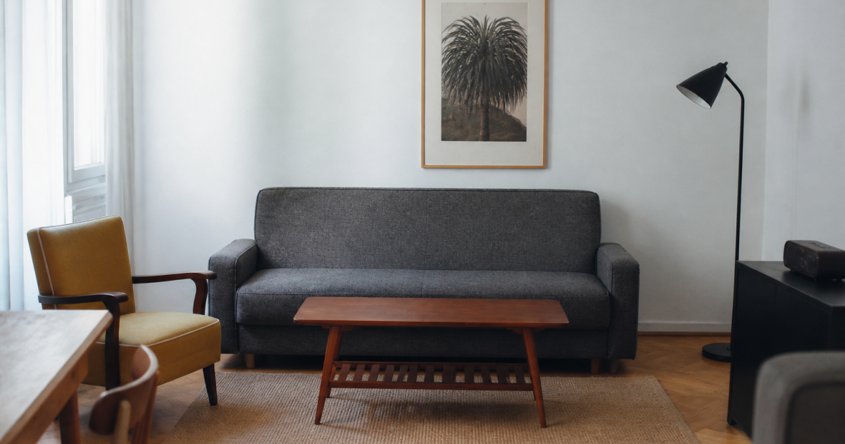Appartement meuble avec mobilier expose de face sur plan cadastral