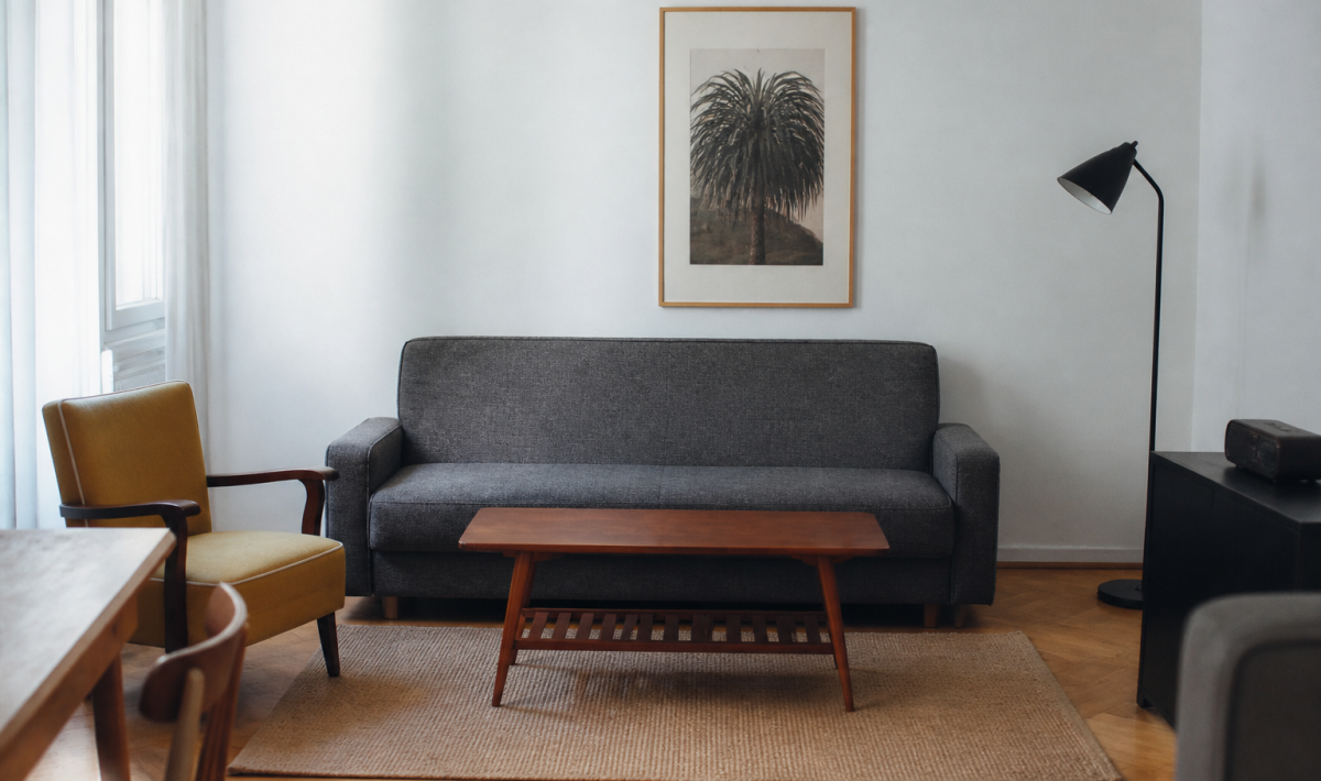 Appartement meuble avec mobilier expose de face sur plan cadastral