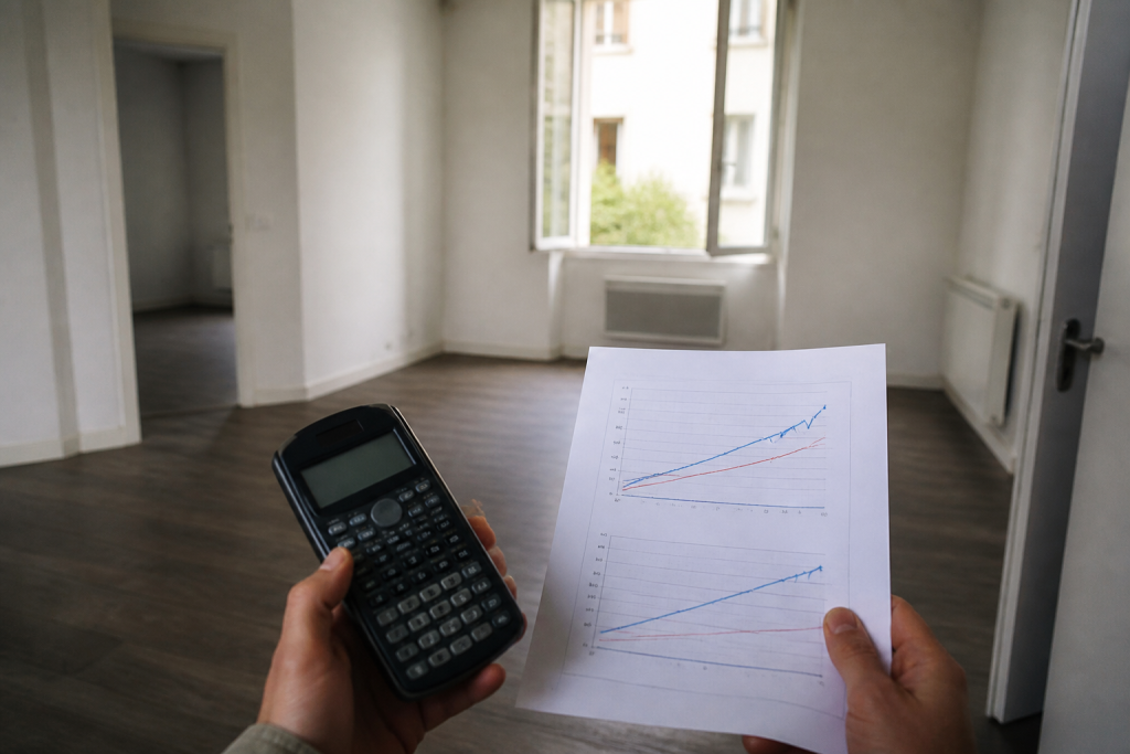 Calculatrice avec graphiques de rentabilité et appartement vide