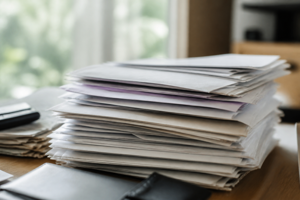 Documents financiers et reçus d'impôts empilés ensemble