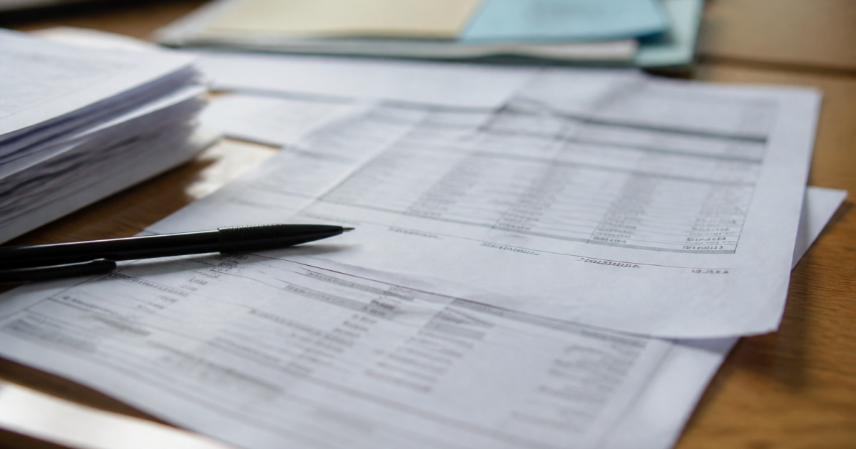 Documents fiscaux etales sur bureau avec stylo noir pointant vers lignes