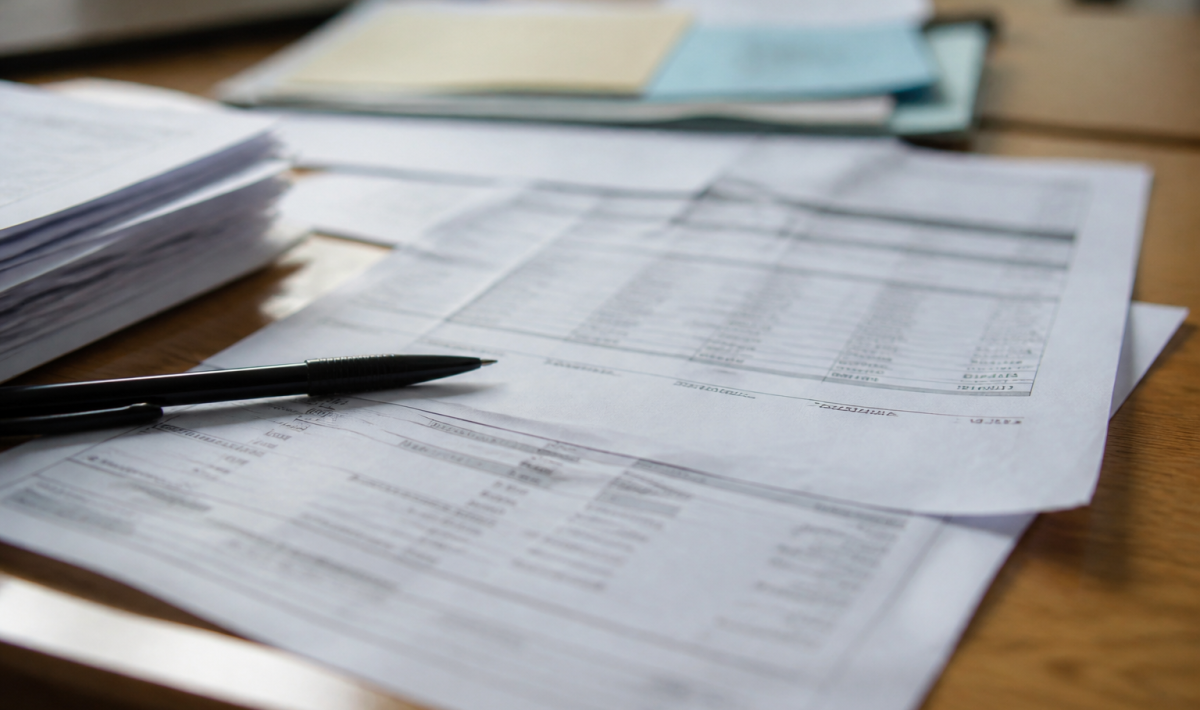 Documents fiscaux etales sur bureau avec stylo noir pointant vers lignes