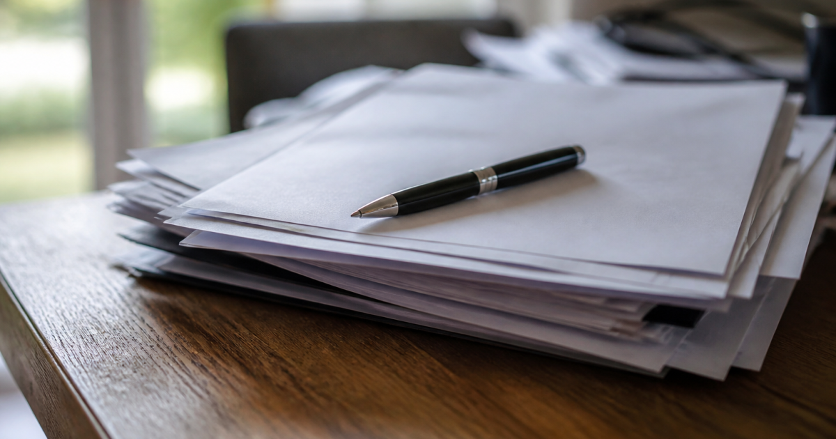 Documents officiels empilés sur table avec stylo posé dessus