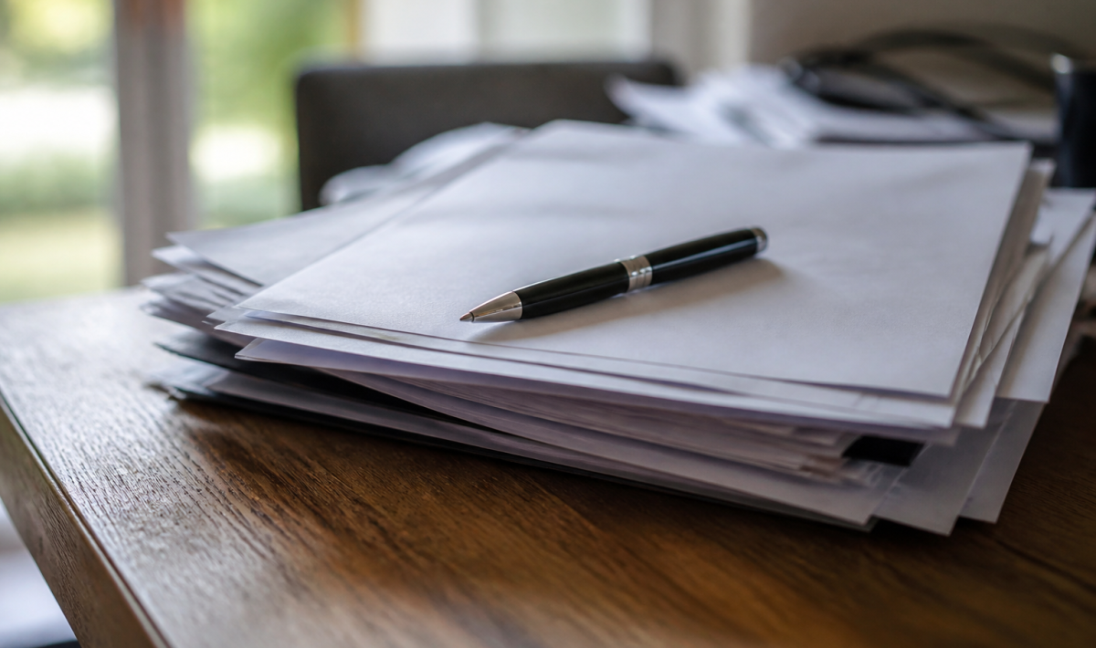 Documents officiels empilés sur table avec stylo posé dessus