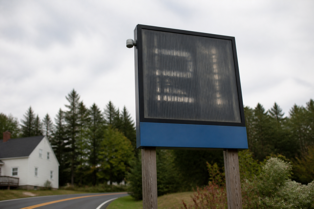 Panneau ville rurale avec statistiques criminalité affichées