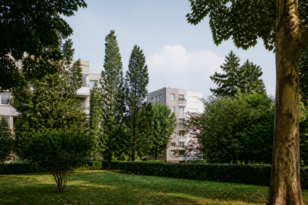 Immeubles disperses entre arbres et espaces verts