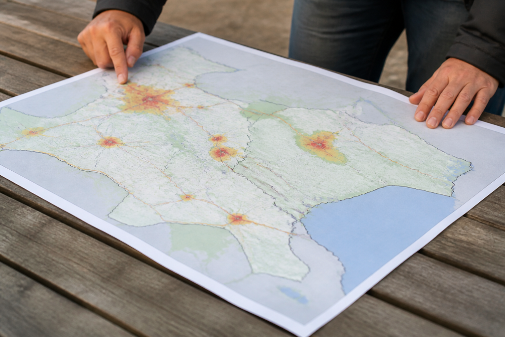 Carte territoire Florensac avec densité habitants répartis espacés