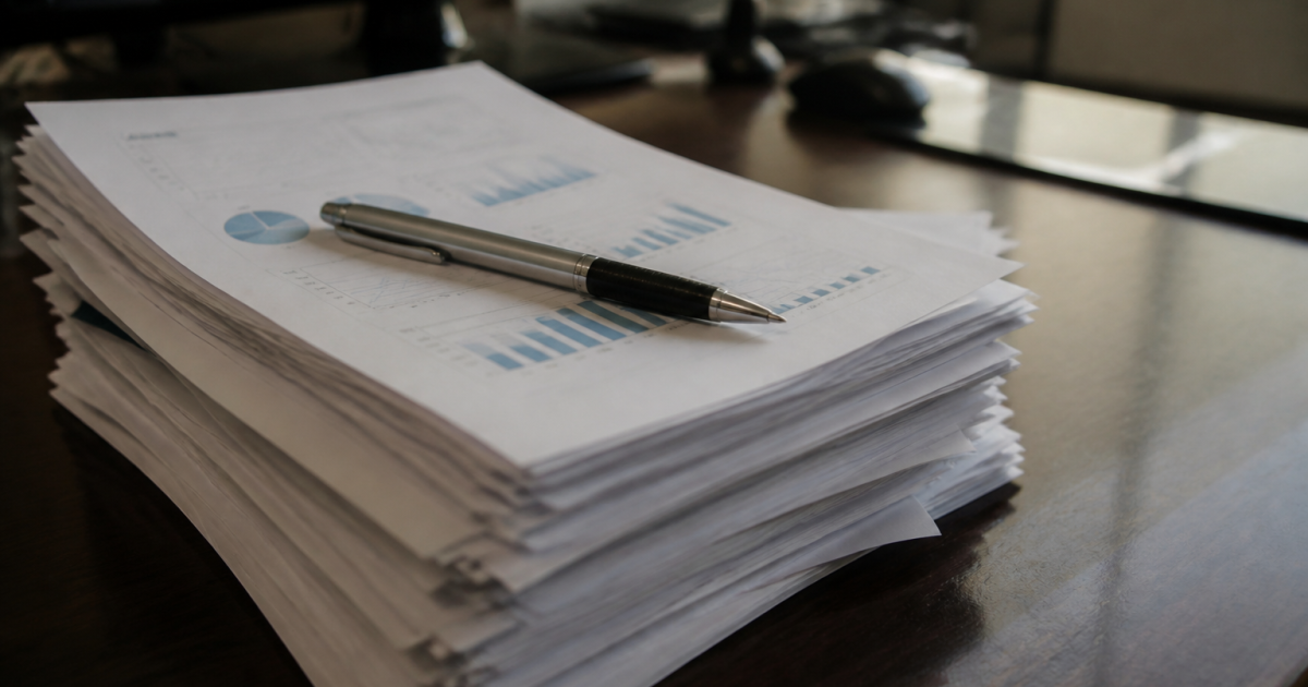 Pile de documents financiers sur bureau avec stylo pose dessus
