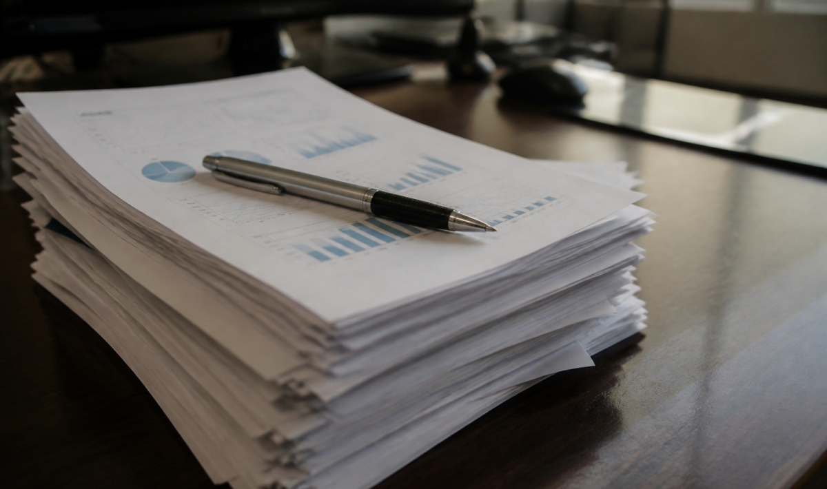 Pile de documents financiers sur bureau avec stylo pose dessus