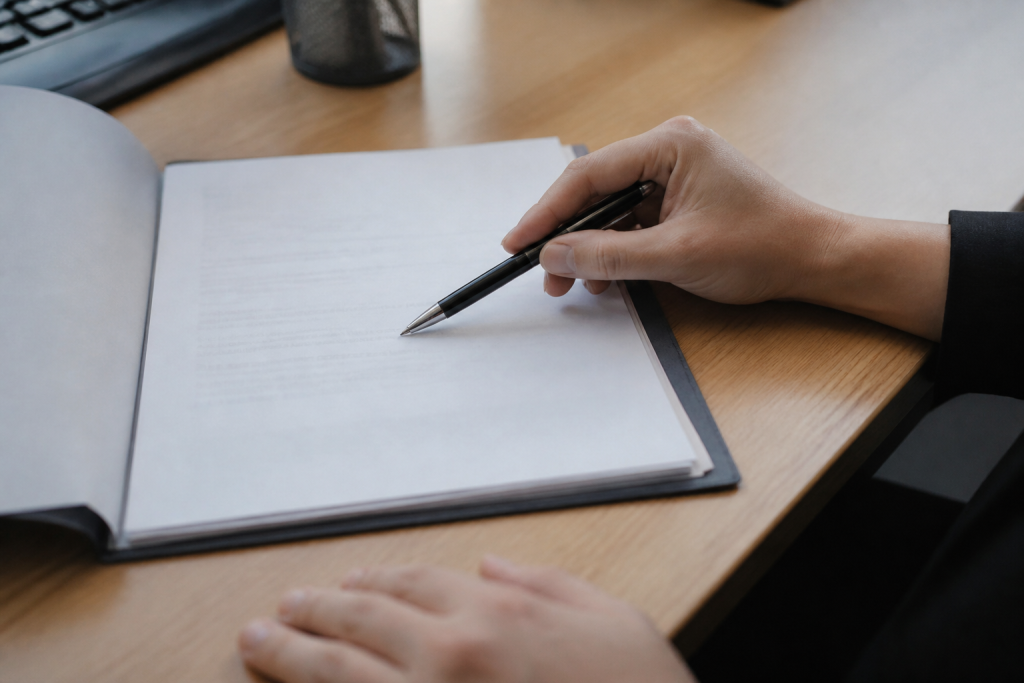 Contrat de bail ouvert sur bureau avec stylo noir pointant clause