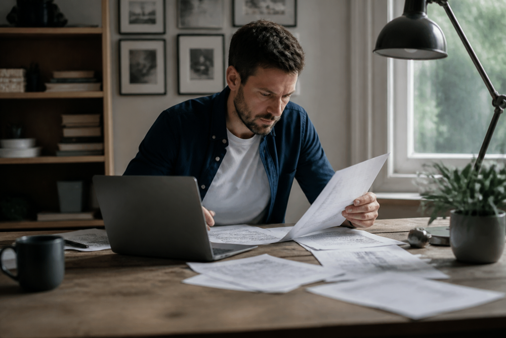 Entrepreneur travaillant à son bureau domicile avec documents
