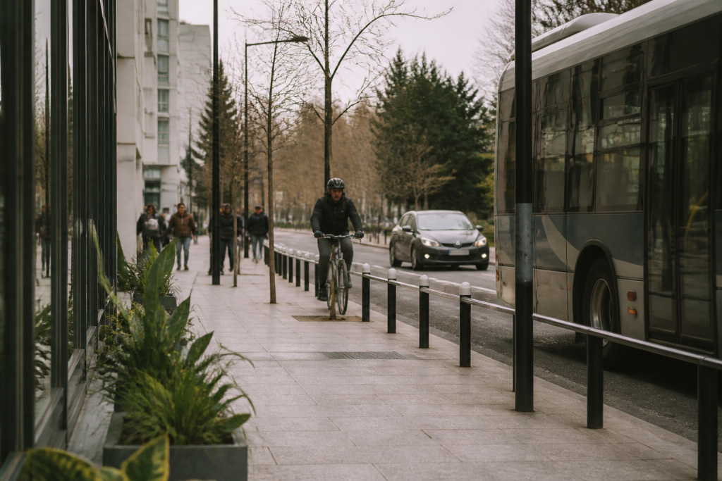 Rue urbaine avec commerces, transports et piétons sécurisés