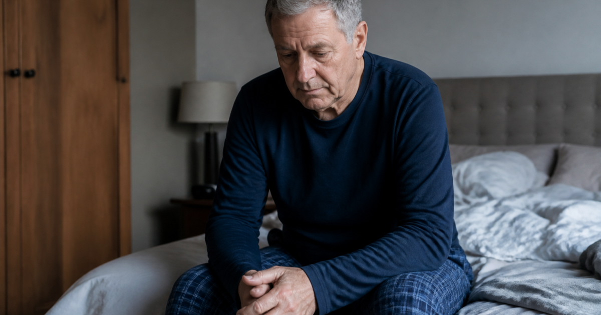 Homme age assis sur lit regardant vers bas triste