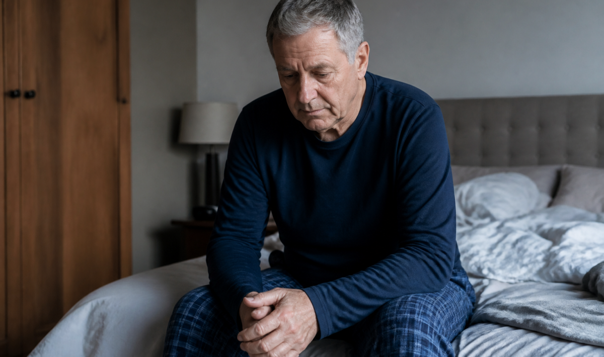 Homme age assis sur lit regardant vers bas triste
