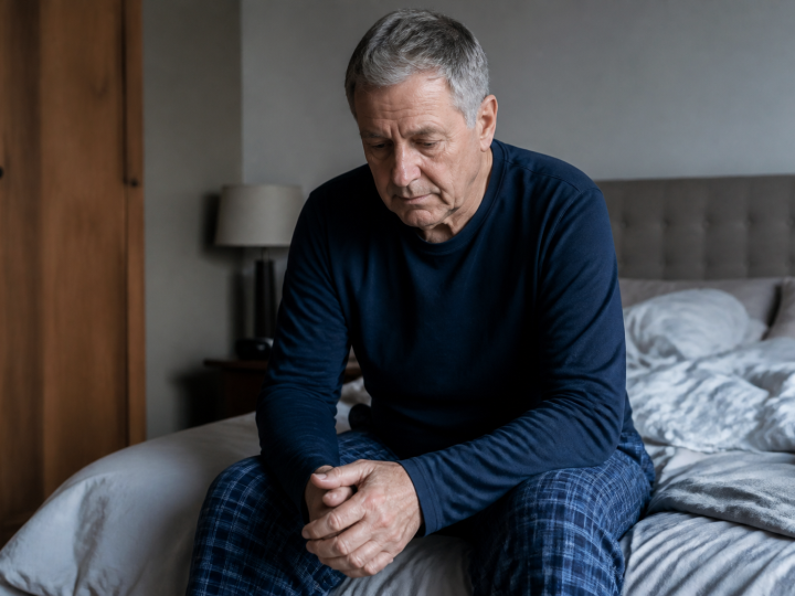 Homme age assis sur lit regardant vers bas triste