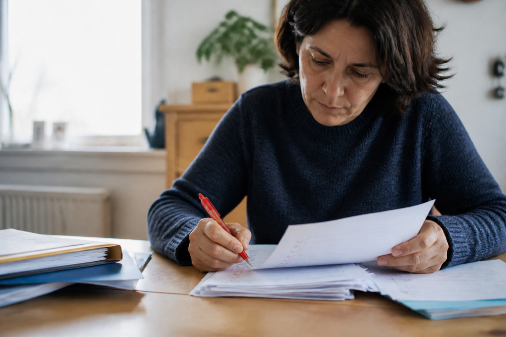 Factures de renovation avec stylo rouge cochant lignes deductibles