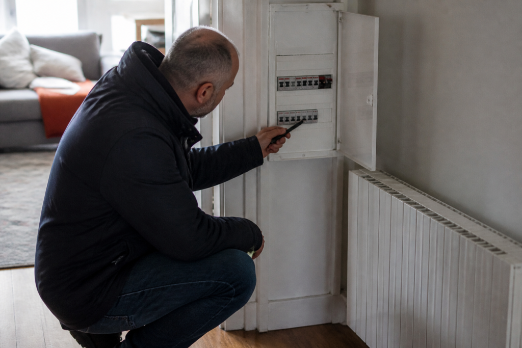 Inspecteur verifiant tableau electrique et radiateur chauffage appartement