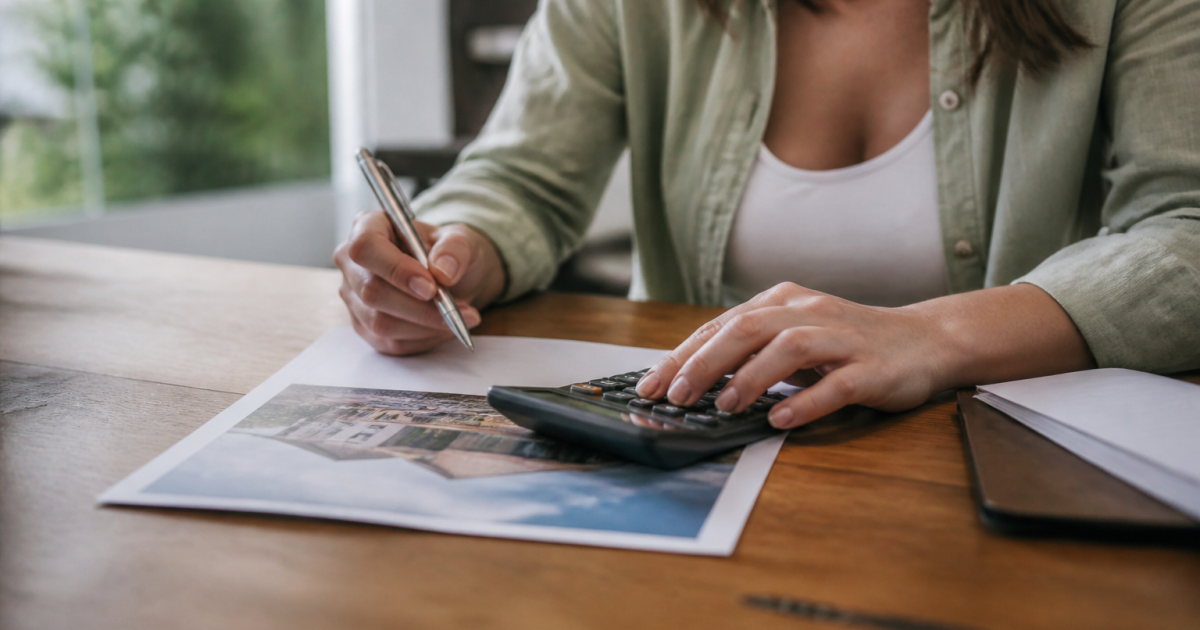 Personne tenant document immobilier avec calculatrice et stylo