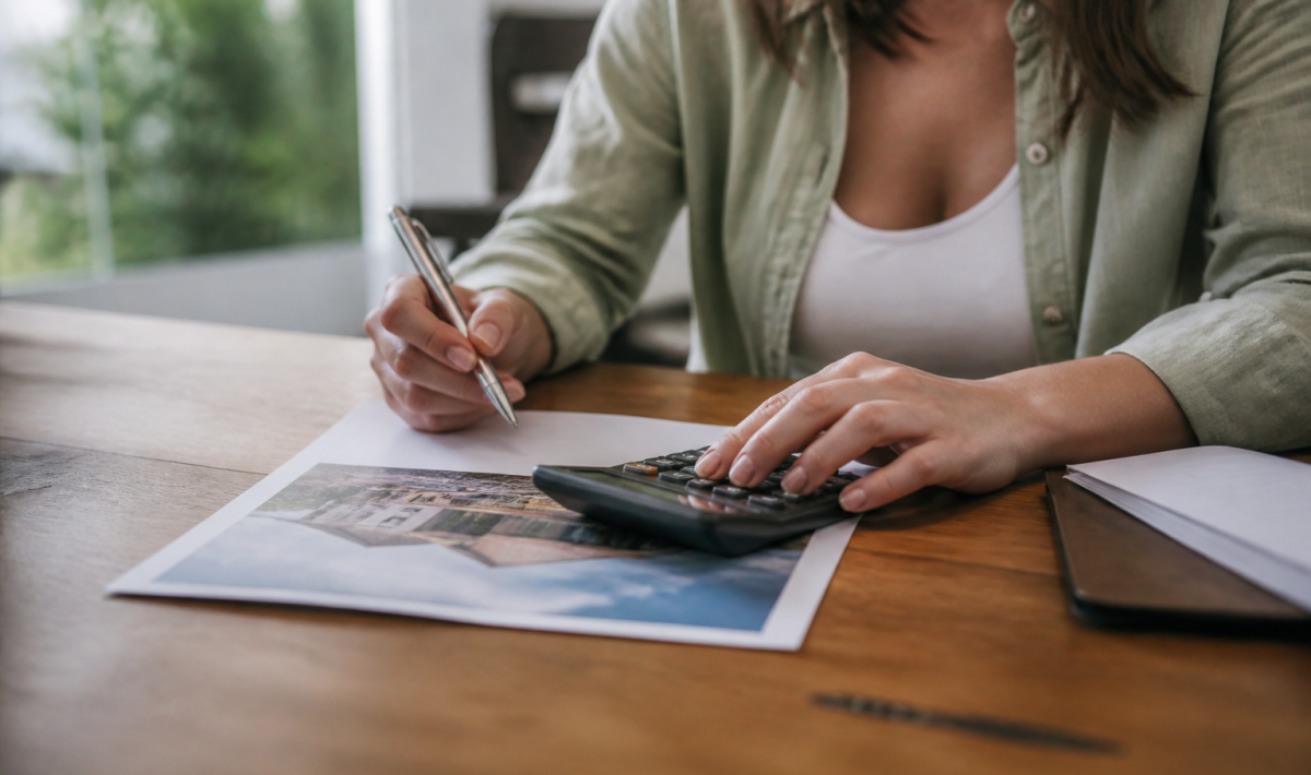 Personne tenant document immobilier avec calculatrice et stylo