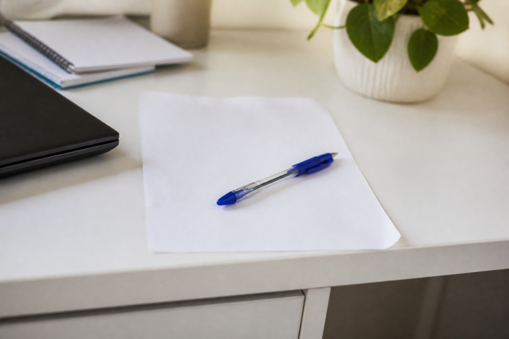 Formulaire de resiliation avec stylo bleu sur bureau blanc