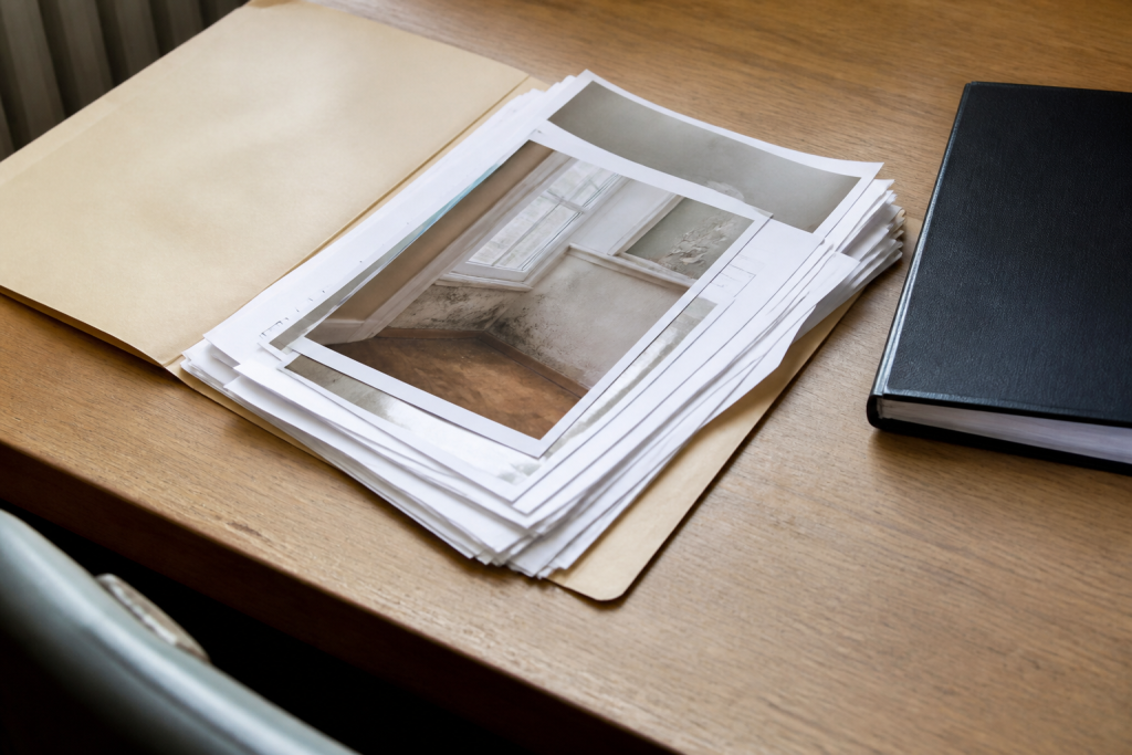 Dossier administratif avec documents et photos d'inspection immobilière