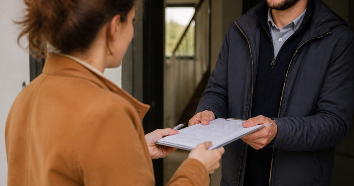Locataire remettant documents signés au proprietaire immobilier