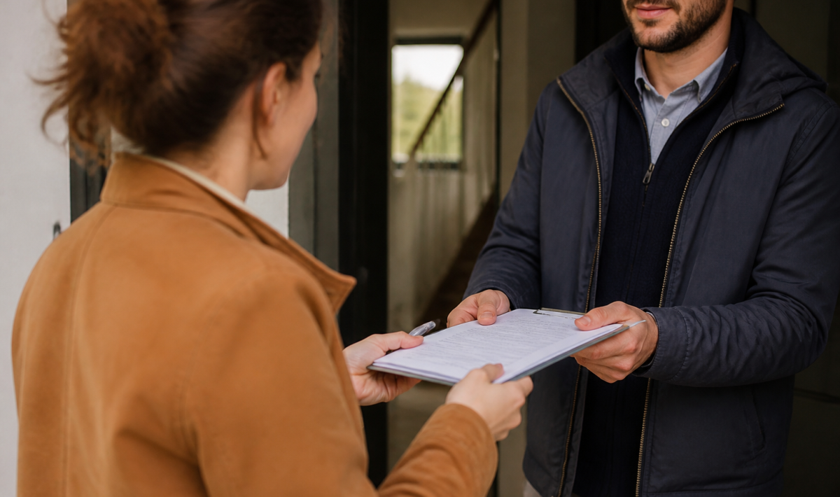 Locataire remettant documents signés au proprietaire immobilier