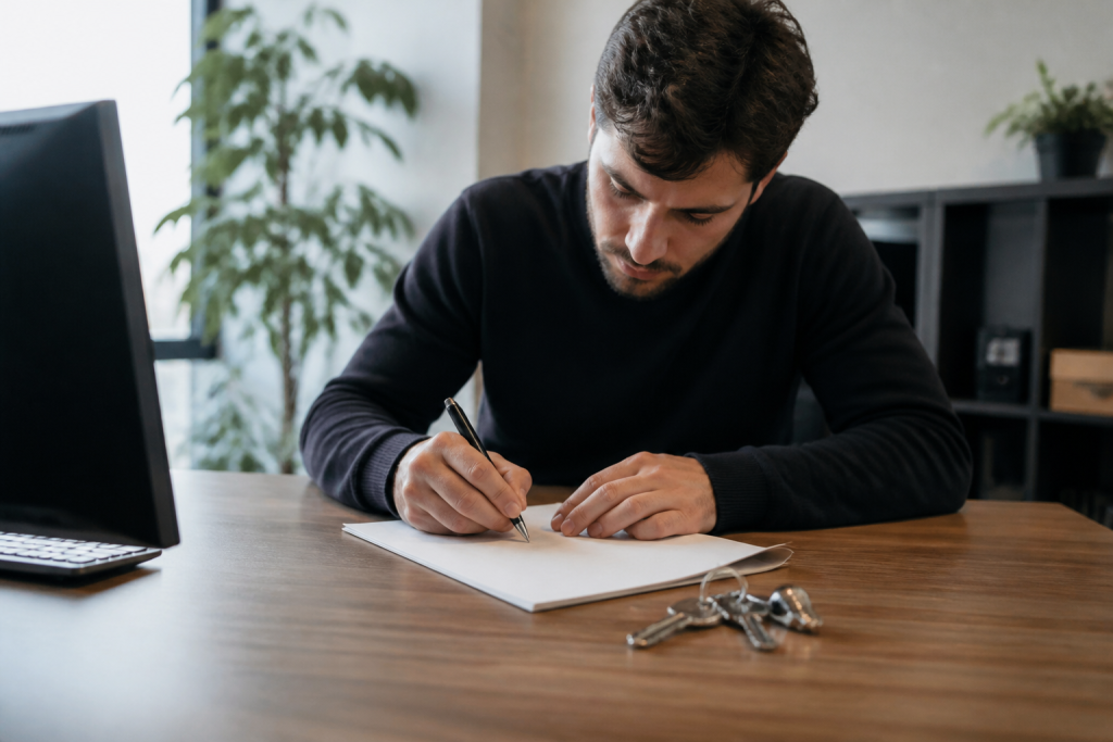 Locataire signant document avec clés commerciales sur bureau