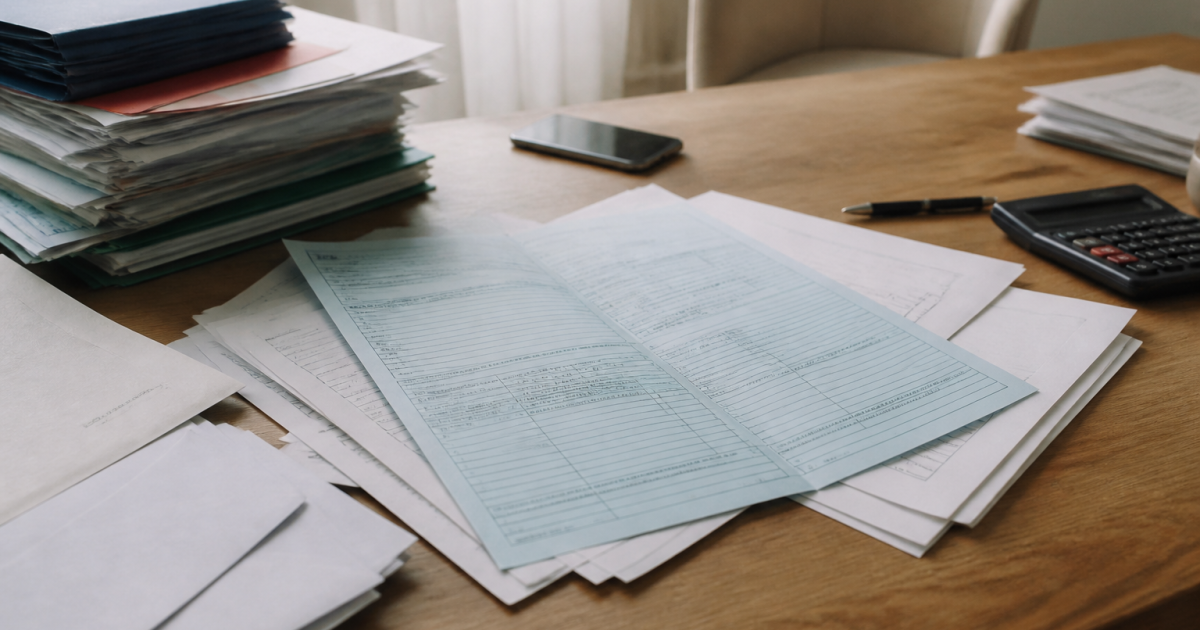Formulaire fiscal ouvert sur bureau avec documents administratifs empilés