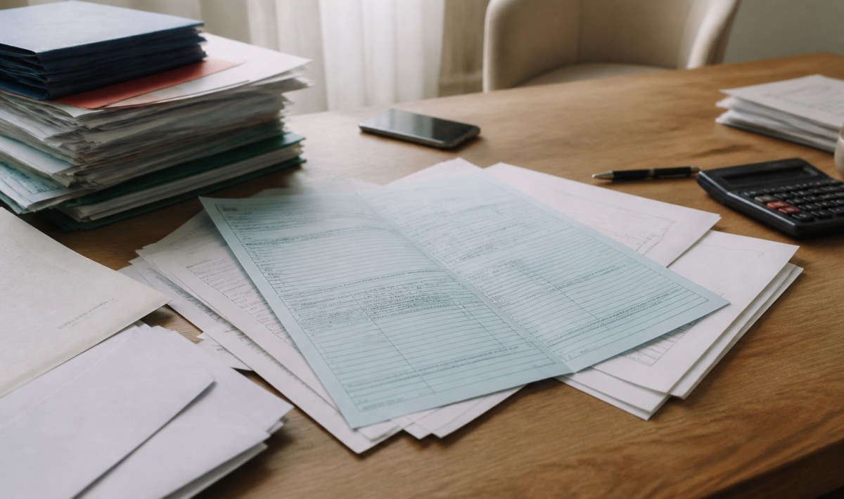 Formulaire fiscal ouvert sur bureau avec documents administratifs empilés