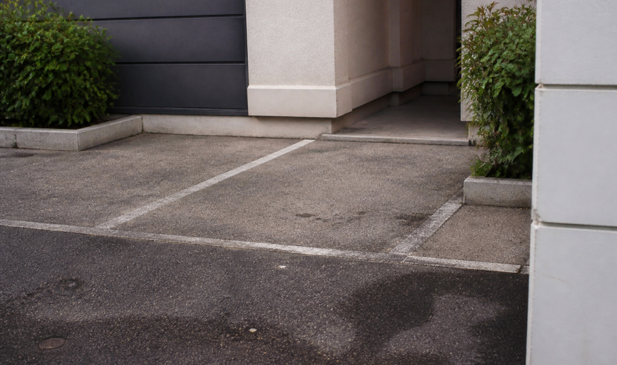Marquage blanc délimitant espace parking étroit immeuble résidentiel