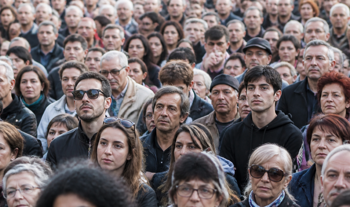 Foule dense de personnes debout face à la camera