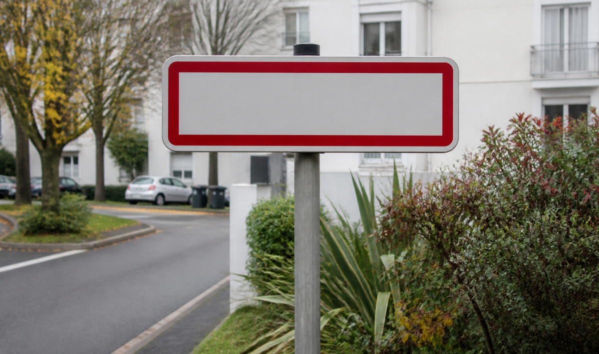 Panneau routier affichant population Lanester sur fond urbain