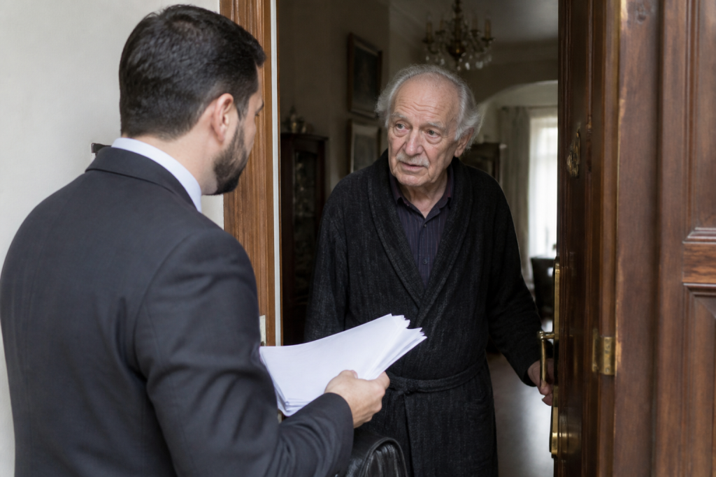 Huissier remettant commandement expulsion à locataire âgé