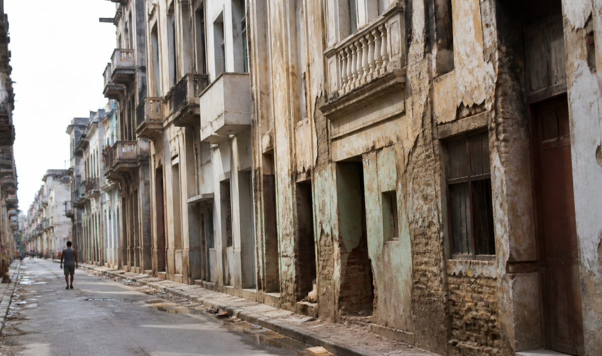 Rue urbaine delabree avec immeubles degrades et facades fissurees