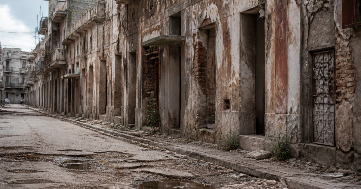 Rue degradee avec batiments abandonnes et facades endommagees