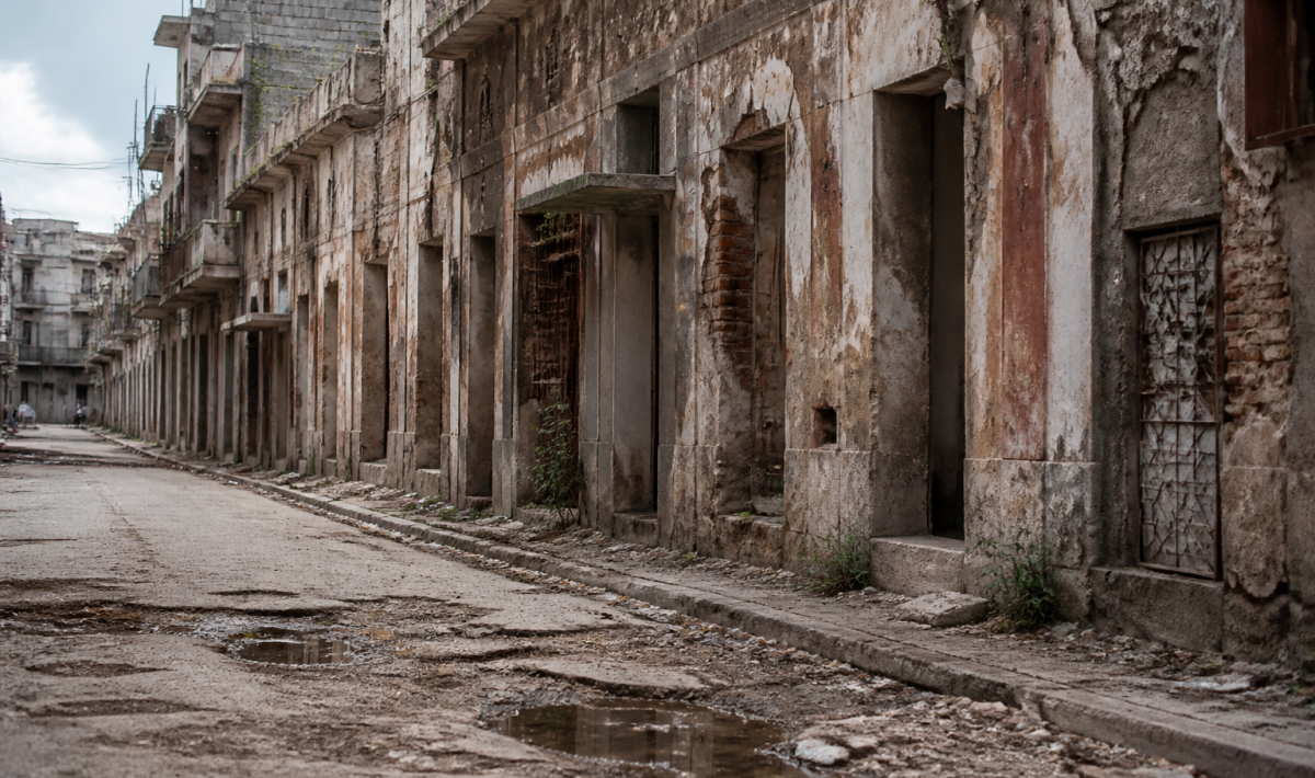 Rue degradee avec batiments abandonnes et facades endommagees