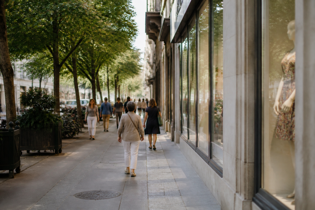 Rue commerçante avec vitrines, piétons et arbres verts