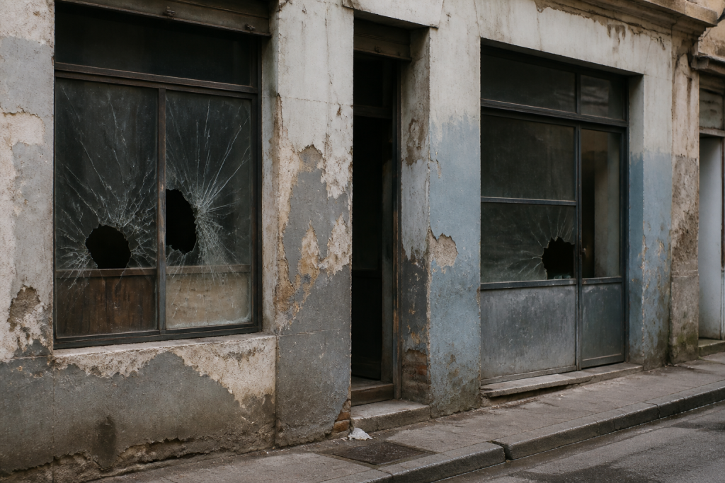 Immeubles degrades avec vitrines cassees et murs tags