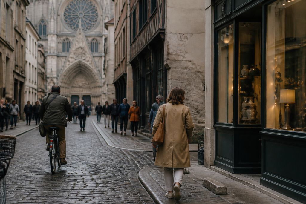 Rues pavees avec cathedrale et commerces en arriere-plan