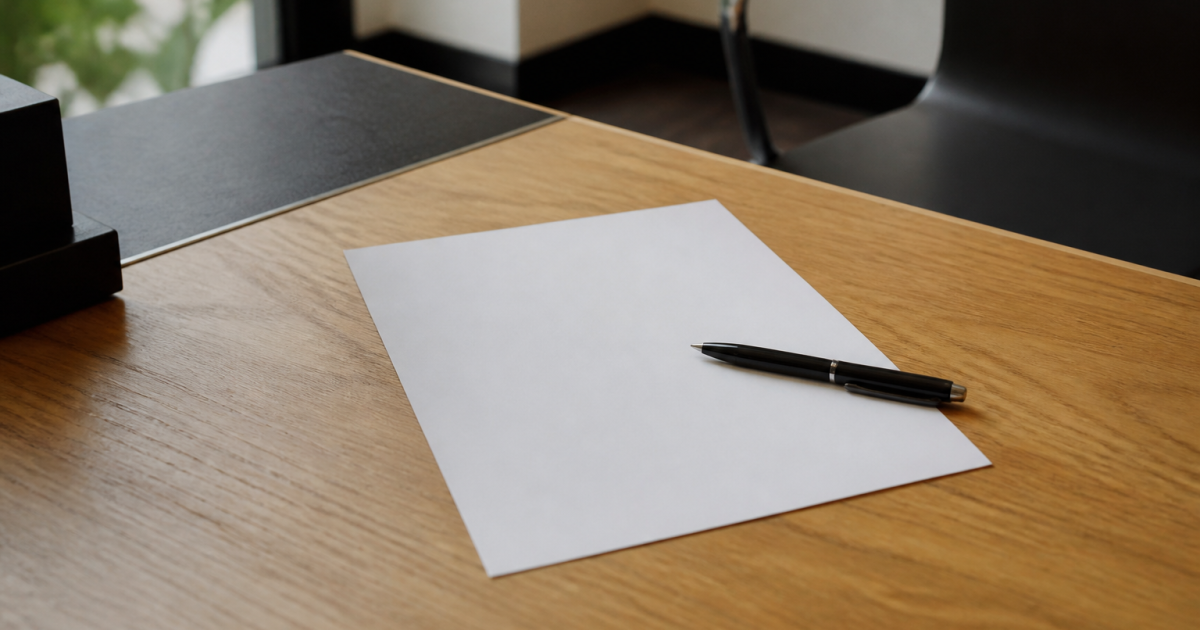 Document papier blanc signé posé sur bureau avec stylo