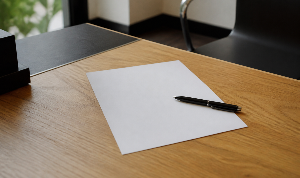 Document papier blanc signé posé sur bureau avec stylo