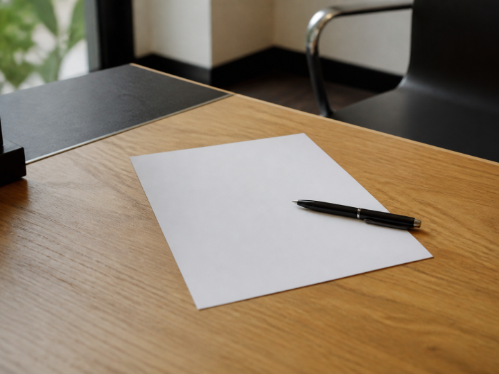Document papier blanc signé posé sur bureau avec stylo