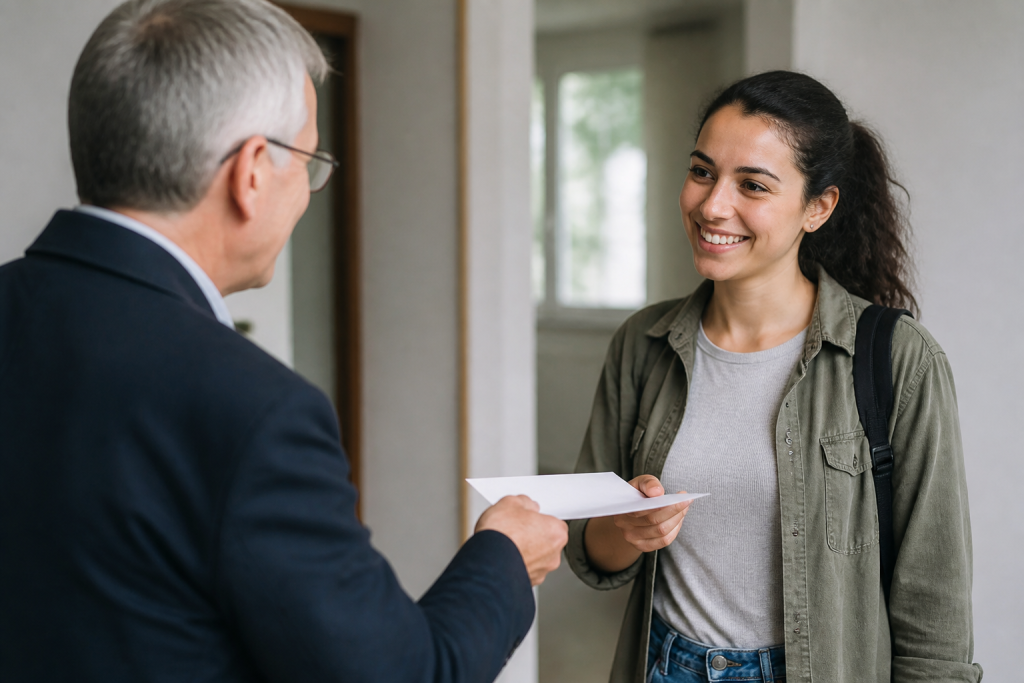 Proprietaire remettant document officiel au locataire souriant