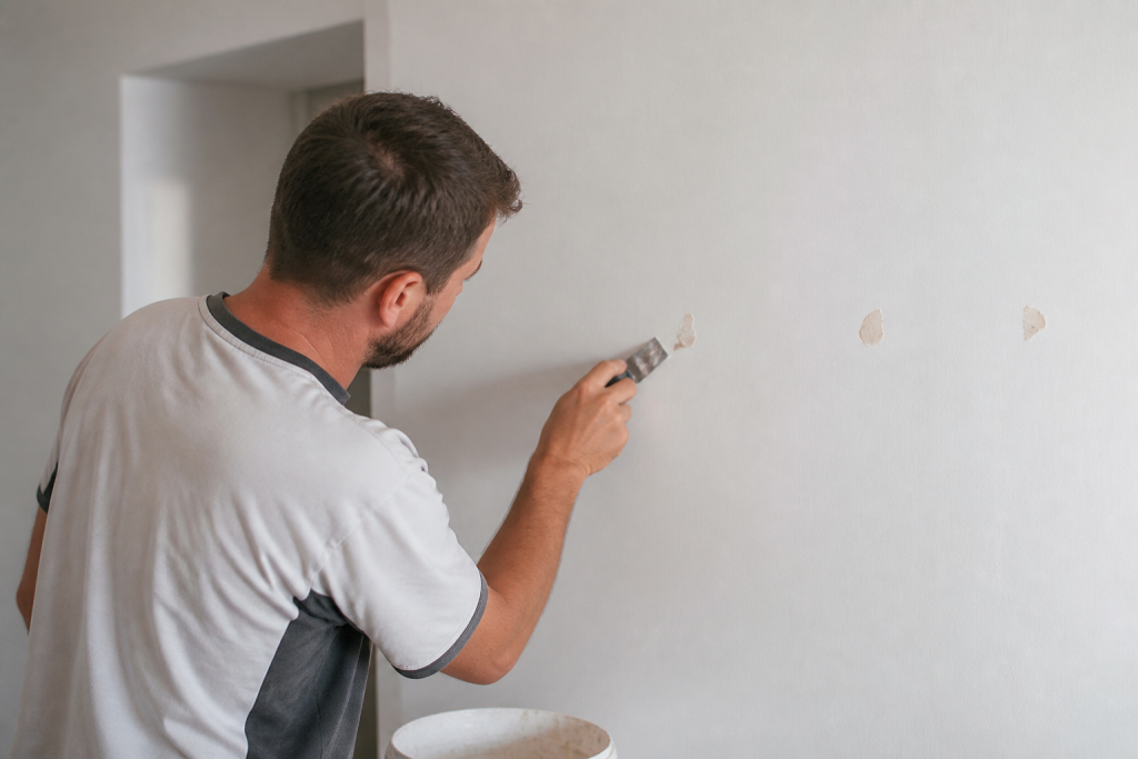 Artisan rebouchant petits trous mur blanc peinture