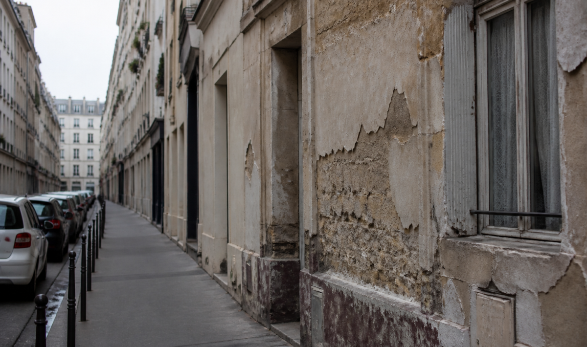 Rue parisienne avec immeubles deteores et facades degradees visibles