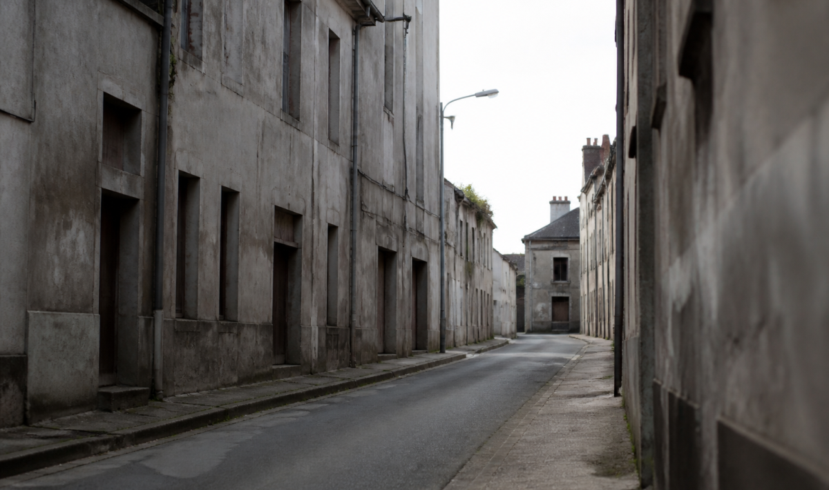 Rue urbaine deserte avec batiments delabres et facades grises