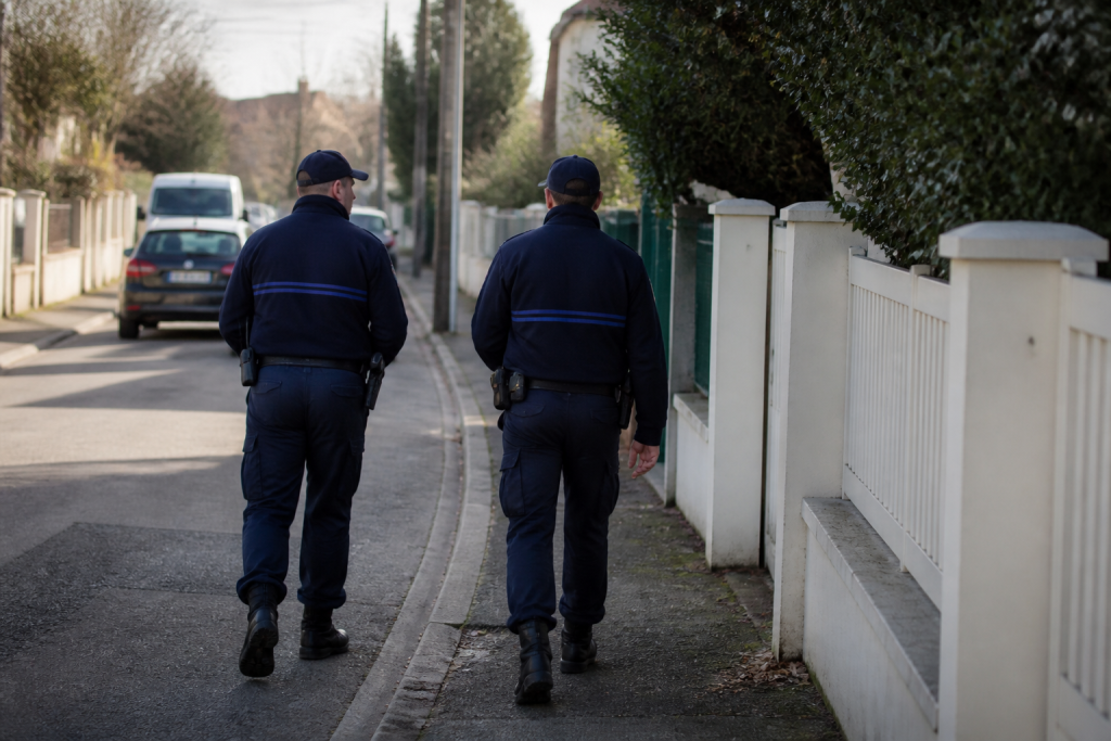 Policiers municipaux patrouillant dans rue résidentielle calme